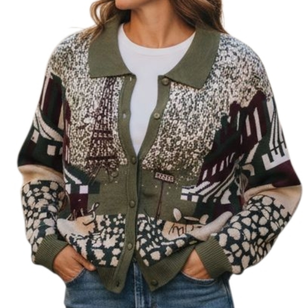 Stylish Green Patterned Women's Cardigan